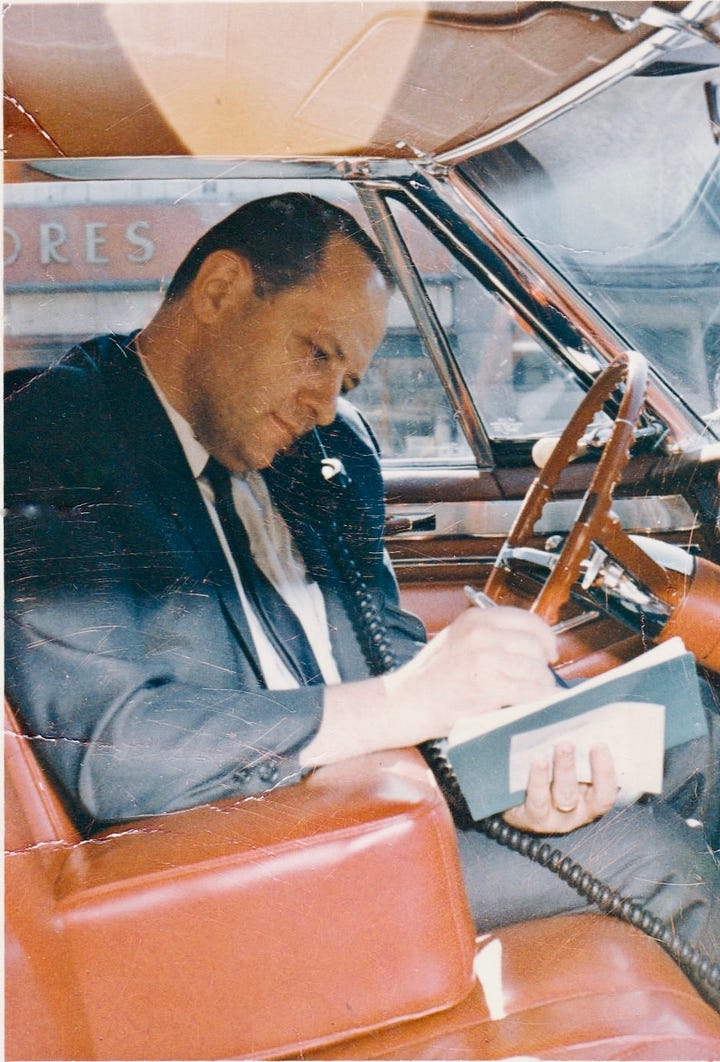 Peter writes a note while using a carphone sometime in the 1960s; Peter, wearing an orange plastic party fedora, laughs in a photo booth photo.