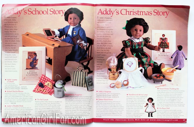 Addy's pages from a 1997 issue of the American Girl Catalogue featuring Addy's attire when for escaping slavery, Addy's clothes for school, Addy's Christmas outfit, and Addy's bedroom, night gown and other accessories.