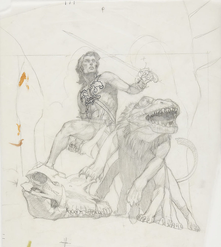 LEFT: Figure study in pencil for THE WARLORD OF MARS that features John Carter and Woola in mirrored position to the painting facing right. He holds a rapier as his trunk twists and the long dagger is hel lower so the blade is partially blocked by his thigh. His foot is planted on the large skull of a tusked creature. RIGHT: Alternate tonal preliminary concept for THE WARLORD OF MARS executed in charcoal. John Carter looks left in surprise with both hands on the grip of his rapier. Woola pads along next to him on all 8 legs. Teeth overlap as its mouth is closed. Its tail is curled up in worried alert.