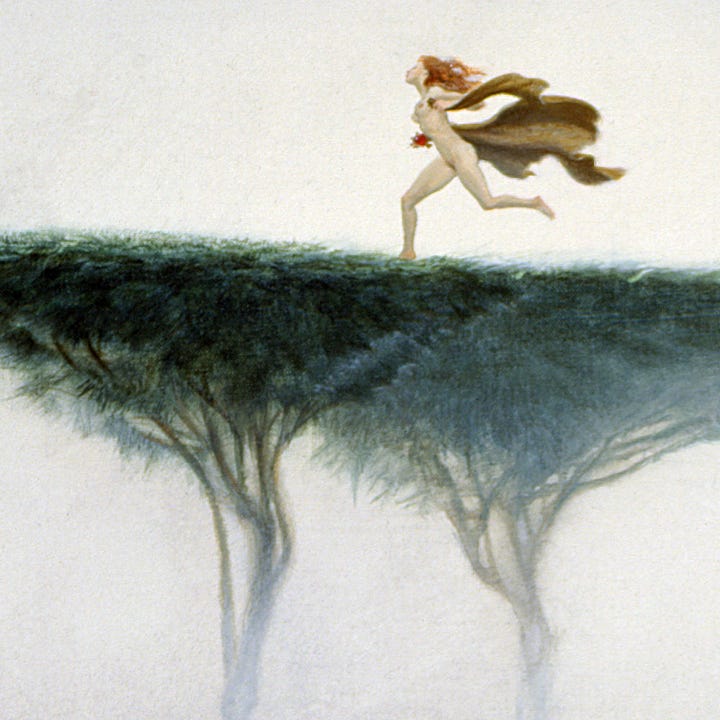 LEFT: Detail from THE END OF NATURE III featuring a redheaded woman with pale white skin running naked across flat top trees. As she leans forward in a sprint, one foot is planted while the other is fully off the ground. A brown cloak flaps behinds her. RIGHT: Close detail from THE END OF NATURE featuring a redheaded woman running naked across flat top trees. In her right hand, she clutches a red glass heart.