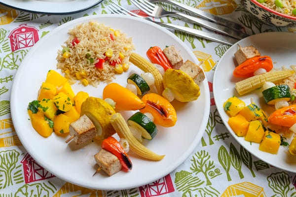 Garlic Shrimp and Tofu Veggie Skewers with Tropical Salsa, side of Sweet Corn Pilaf