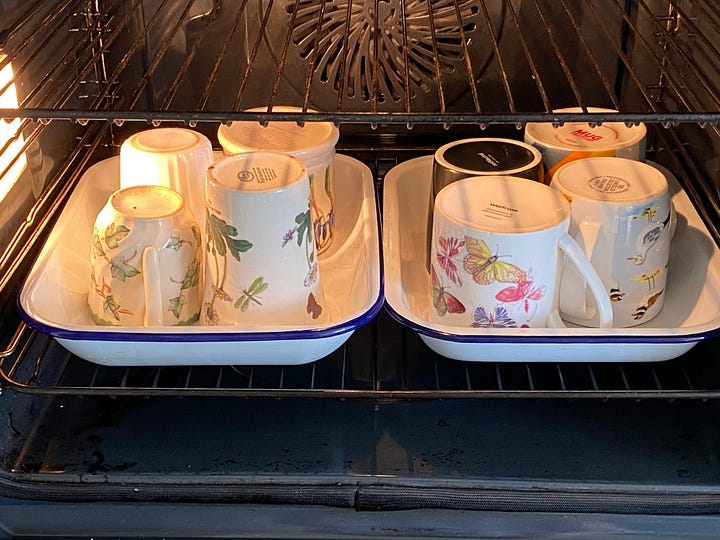 Crockery inside an oven with the door oven.