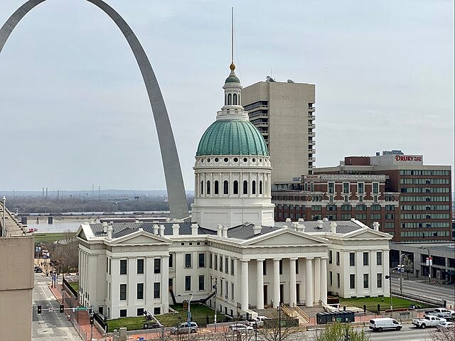 Old St. Louis Courthouse in 1862 and present day