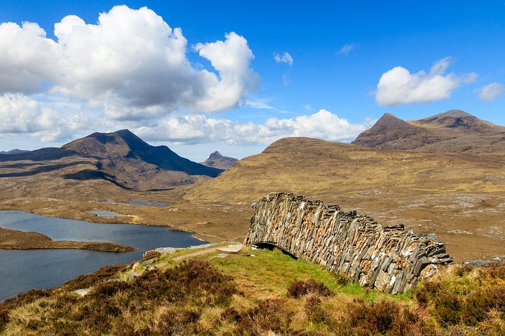 Clockwise from top left: oysterflower on Sanday, Orkney; razorbills on the Isle of May in the Firth of Forth; Knockan Crag in Coigach, north of Ullapool; and medieval carved grave slabs in Kilmartin, Argyll © Felicity Martin