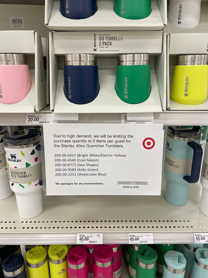 One image with a display of Stanley Cups at Target, the other image with a zoomed in photo of a sign limiting customers to 5 per purchase.