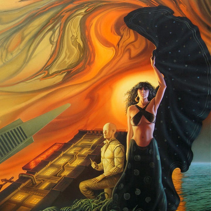 LEFT: Detail from HOT SKY AT MIDNIGHT featuring a woman with black kinked hair. She holds her left arm up with her cloak—black decorated with stars—extending like a wing over her head. She wears a tight fitted halter top that crosses her chest to form an X as it cradles her breasts like a sling. Her full-length black skirt rises to hug her hips and is decorated with a mix of ammonite fossils. On close examination, there's another pattern of similar shaped circles, except with a curled fetus inside. Next to her a man stands in a defensive posture holding a shiv. He has no eyes, only smooth skin covering his orbitals. RIGHT: Detail from HOT SKY AT MIDNIGHT featuring two figures looking up. One shields his eyes. The other is looking up reverently with his hand in a fist at his chest. Futuristic breathing masks cover their mouths and noses. Wires extend from pouches at their sides, forking like headphone cables where they loop around their necks. Wearing gray cloaks and rendered entirely monotone, they resemble statues.