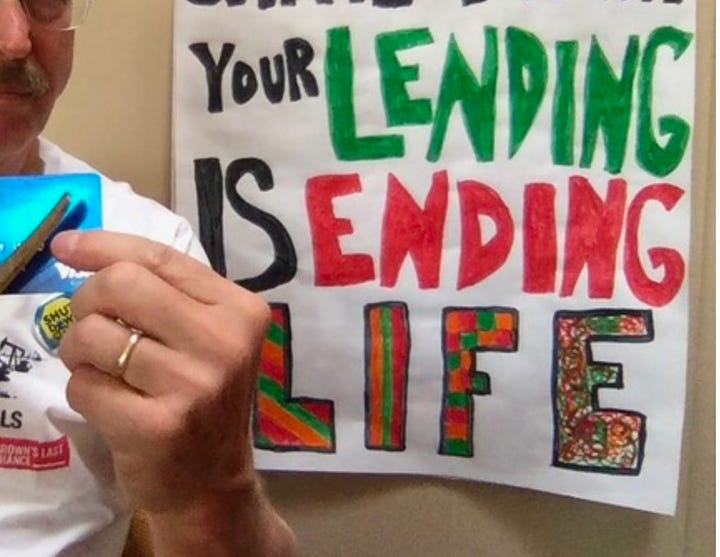 Two campaign pictures: the one on left showing a hand cutting up a credit card with the words "Your Lending is Ending Life." Photo on right is a graphic of a Costco credit card being cut up.