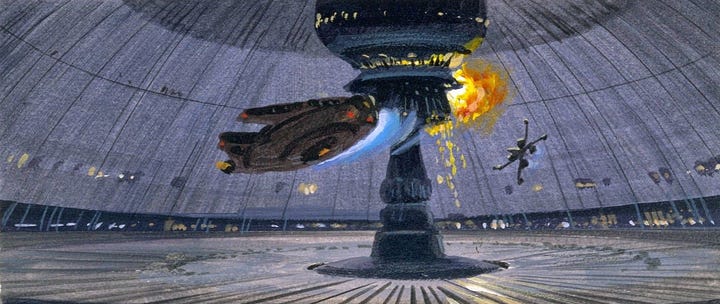 A variety of Ralph McQuarrie's original concept art for Lucasfilm, including multiple space scenes and enchanting scenery on Coruscant, Mustafar, and Dagobah.