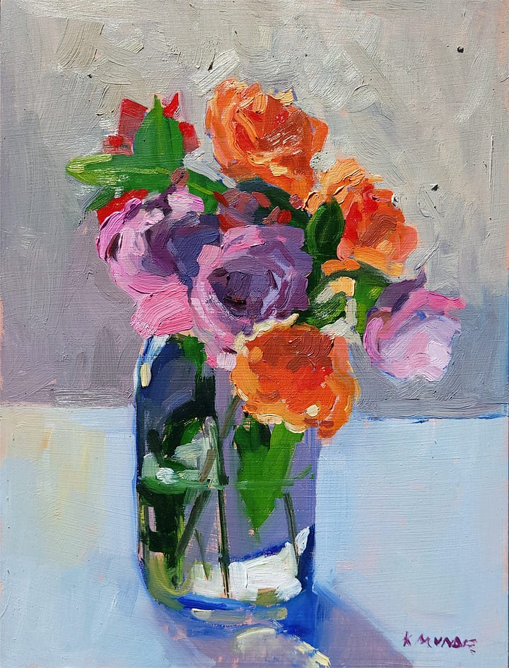 two still life paintings of flowers and two Delaware landscapes by Kate Kern Mundie
