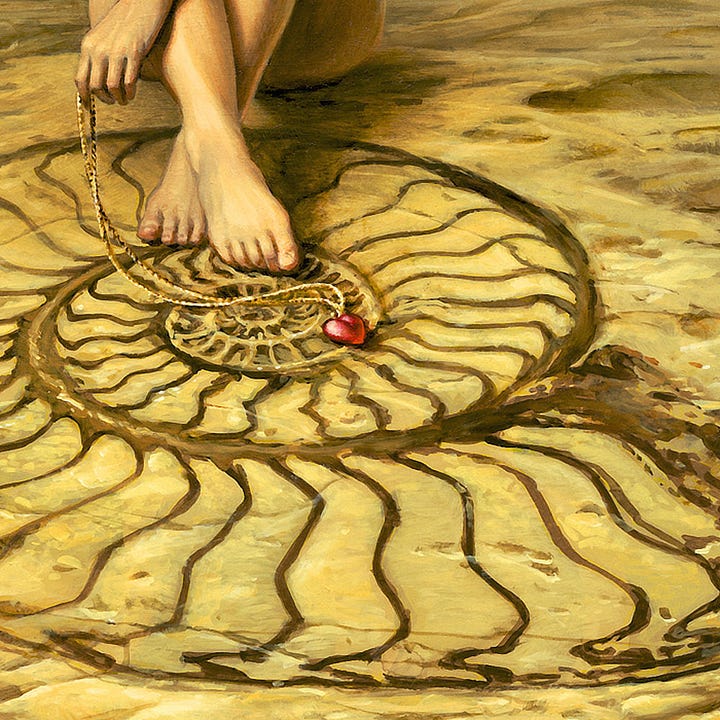 LEFT: Figure detail from EQUANIMITY featuring a woman sitting naked on rough stone with her back to the ocean. Her knees are up and ankles crossed as she glances down in contemplation at an impression of an ammonite set in—or perhaps even painted on—sand colored stone. One arm is extended over her legs as she loosely holds a thin chain as if she were drawing the red glass heart tied to the end across the chambers of the ammonite.   RIGHT: Close detail from EQUANIMITY featuring a red glass heart on a long thin chain. Light reflect off one curve of the heart glossy white. The stone beneath it is marked with the chambered spiral of an ammonite fossil.