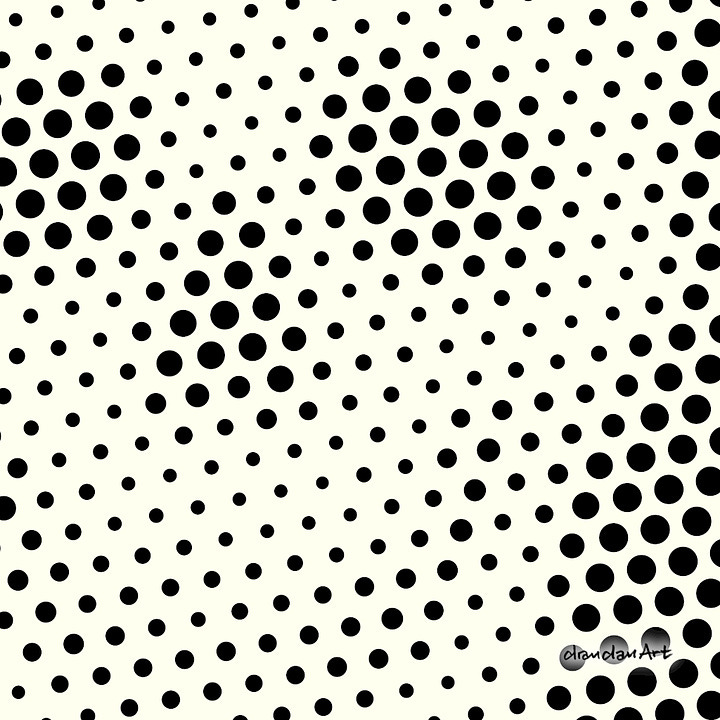 Halftone pattern of repeating skulls, from a distance and close-up