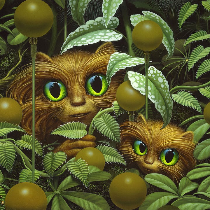 LEFT: Detail of a pair of adorable furry aliens poking their heads out from the cover of dense tropical vegetation. There are several varieties of leaves to provide cover including the largest with ruffled ridges and white spots, the smallest ribbed with white spikes protruding out the sides, and clusters with round ends. Rising on straight shoots are olive balls. RIGHT: Close detail of an adorable furry alien hiding in the cover of leaves. The huge eyes are strikingly green, cat-like and glossy so that the treetops reflect in the light.