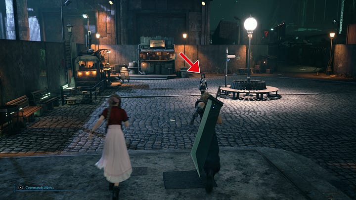 Tifa and Aerith are looking around when reaching the train station plaza. The latter lets out a surprised gasp when noticing the Whispers' presence.