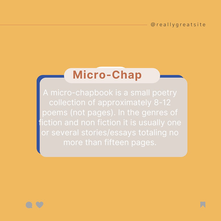  A micro-chapbook is a small poetry collection of approximately 8-12 poems (not pages). In the genres of fiction and non fiction it is usually one or several stories/essays totaling no more than fifteen pages.  A chapbook is a poetry collection of approximately 15-47 poems, no more than 47 pages. (This may vary as some publishers will ask for a range of 26-30 pages in some instances). 47 pages however is a universal maximum page count.  A full length collection is the most common type of poetry book. They start at 48 pages, and run on average 80-120 pages total. There are of course collections that exceed 120 pages (however it is uncommon).  Knowing the rules for publication can determine how much "life" a writer can get out of a poem. Poems published with literary magazines can be republished in anthologies, micro-chaps/chapbooks, and full length collections. A poem first published in a chapbook can be republished in a full length, but a poem first published in a full length collection cannot be republished in a chapbook.