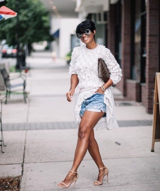 Images are of Kyrzayda Rodriguez in her street style with denim shorts and heels.