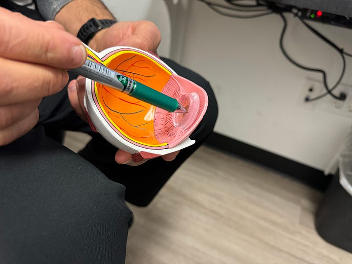 Two photos of an optometrist holding a plastic anatomical model of an eye. He is using a pen to point to certain areas.