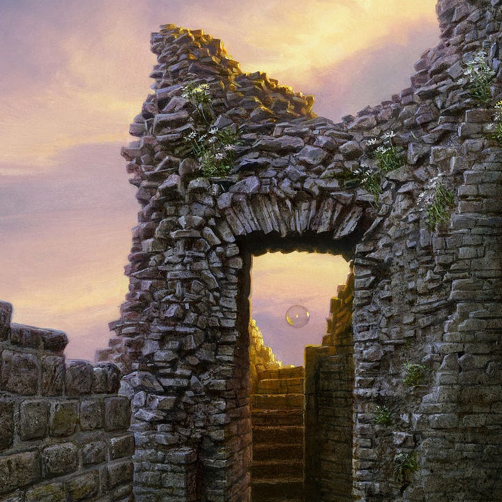 LEFT: Detail from PASSAGE TO THE SUN featuring the wall of a ruined abbey and the patch of grass leading to a rough stone doorway. RIGHT: Detail from PASSAGE TO THE SUN featuring a view through the rough stone doorway. A transparent sphere floats up stairs, the shiny surface reflecting golden light filtering through lavender skies.