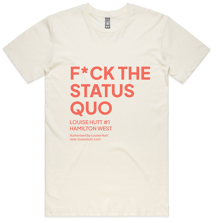 An photograph of a yellow tee shirt with white text, and a white tee shirt with pink-red text that both say "F*ck the status quo" in big bold text"