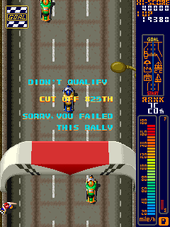 Four screenshots of gameplay from Rally Bike. The first shows what happens when you fail to qualify, with your racer hiding their face in shame. The second shows a successful race, your bonus points, and word of where the next race will take place, as well as art of your bike being worked on to prepare. The third image shows the flatbed truck full of pigs carrying your bike down the crowded street full of other racers. The fourth shows the moment at the finish line when you don't qualify, with a message exclaiming, "Sorry, you failed this rally"