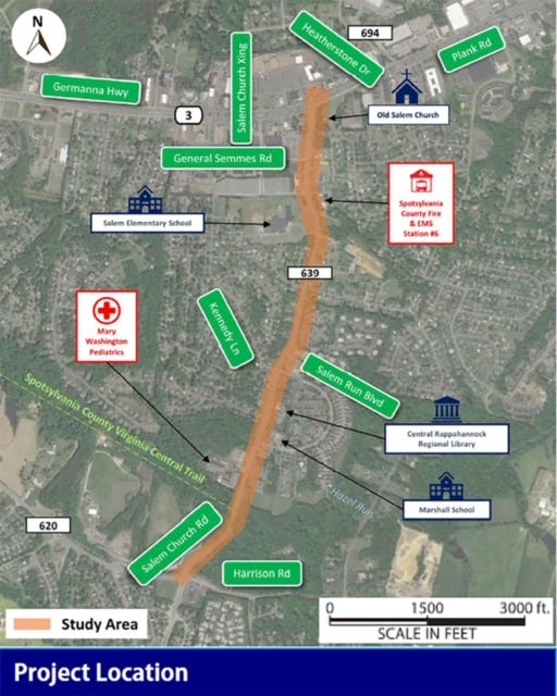 Left: the intersection of Salem Church Road and U.S. 3. Right: a VDOT map of the study corridor. 