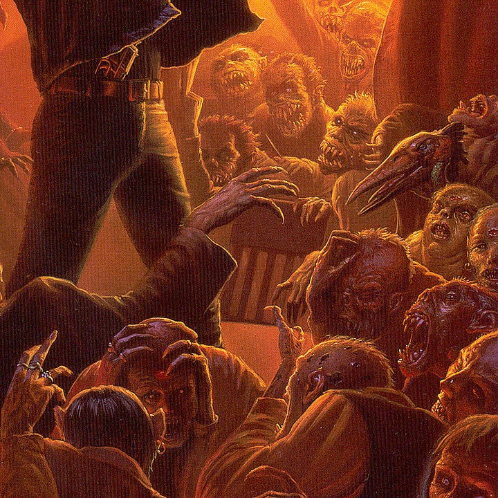 LEFT: Detail from THE WHITE COMMANDS YOU featuring Callahan as he stands in command above the mass of vampires and low men. He thrusts up the turtle talisman to shine brilliantly down on the hideous creatures. RIGHT: Detail from THE WHITE COMMANDS you featuring the vampires and Can-Toi at the Dixie Pig recoiling from the light of the turtle talisman.