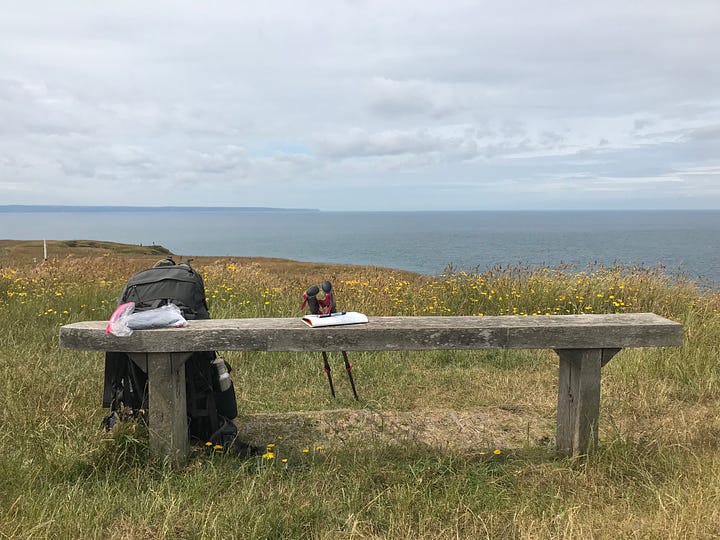 Images of coastline - one with Jamie with a backpack on in the foreground, one of the edge of a cliff with a goat in the foreground, one is a selfie with Jamie and his parents, and one with a bench in the foreground looking out to sea. 