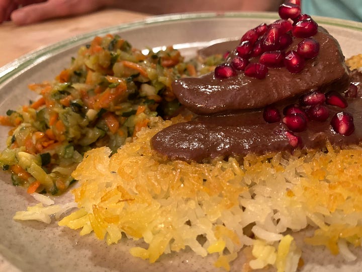 Two images: saffron-colored rice with crispy shell, and a closeup of a meal with rice, chicken, vegetables, and pomegranate seeds