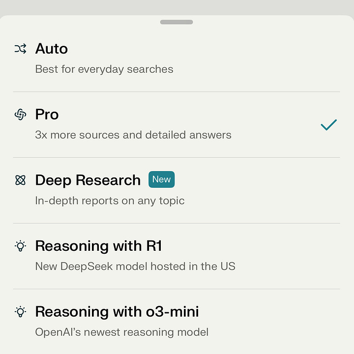 A series of three screenshots displaying different AI chatbot model selection menus. The first image shows an AI assistant with options for different search and reasoning models, including 'Auto,' 'Pro,' 'Deep Research,' and reasoning models like 'R1' and 'o3-mini.' The second image is from the Claude AI interface, showing available models such as 'Claude 3.7 Sonnet,' 'Claude 3.5 Haiku,' and older versions like 'Claude 3 Opus.' The third image is from ChatGPT, listing models including 'GPT-4o,' 'GPT-4o with scheduled tasks (beta),' 'GPT-4.5 (research preview),' and smaller models like 'o1' and 'o3-mini.' Each interface presents model options with varying capabilities for users to select based on their needs.