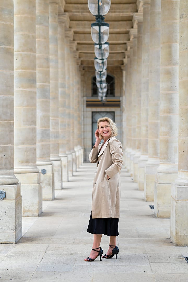Karen Bussen stands in the Palais Royale and in front of a bookstore in Paris