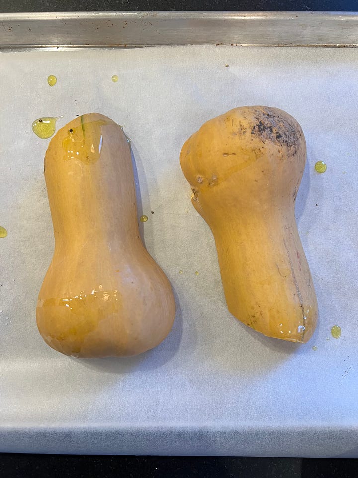 Butternut squash, cut and prepped to roast
