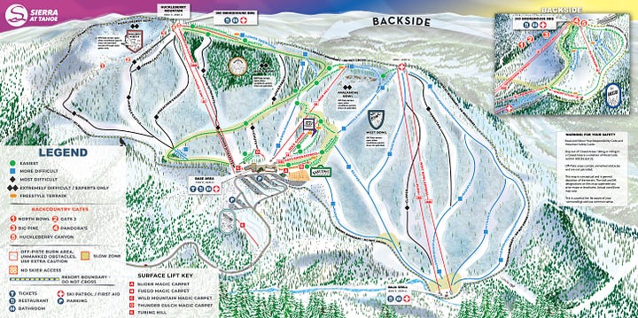 Trail maps of Sierra-at-Tahoe ski resort, before a devastating 2021 wildfire (left), and after (right) 