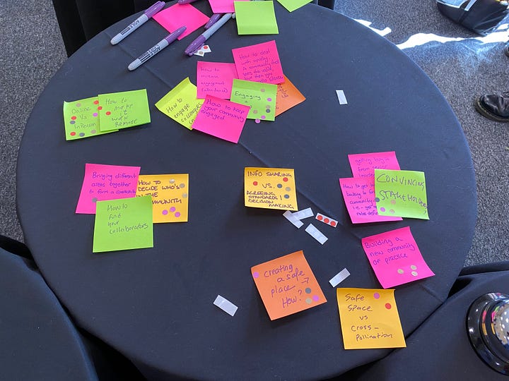 A table with post it notes describing concerns like engagement with people standing looking