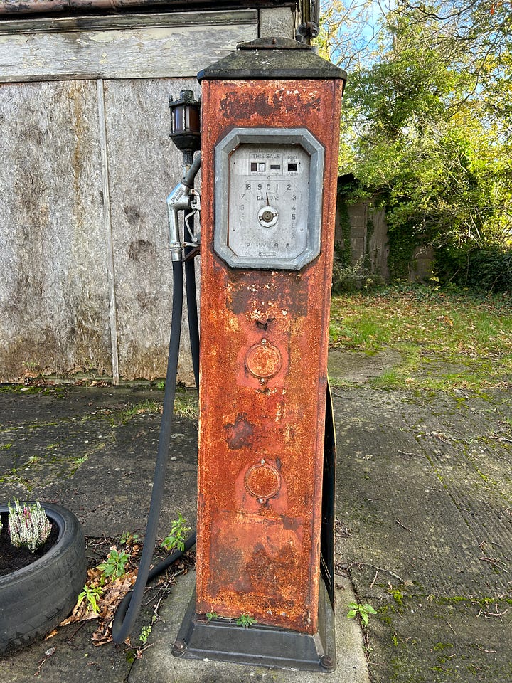The abandoned petrol station of Dartmoor Garage, Common Hill, Steeple Ashton, Wiltshire. Three petrol pumps, one form 1930 are left to rot. Images: Roland's Travels