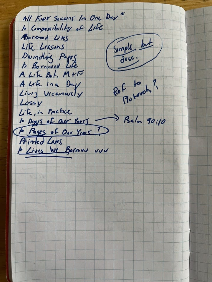 Notebook pages with lists of titles.