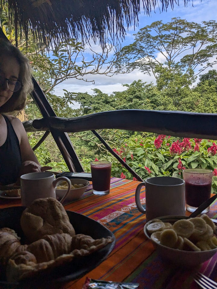 Right: compost loo (it glows from the sun not anything radioactive); Left: breakfast provided by the human compost at Hostal Pakay