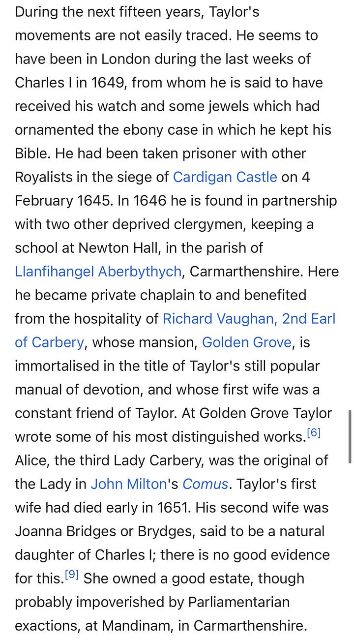 Wikipedia on Jeremy Taylor and Golden Grove