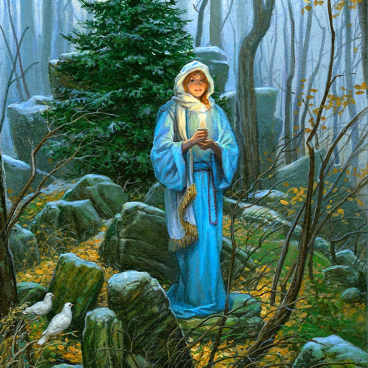 LEFT: Detail from WOODLAND PEACE featuring a woman in pale blue robes standing on a rock strew hill among autumnal colors. RIGHT: Close detail from WOODLAND PEACE featuring a woman in pale blue robes holding a candle at its base and cupping it underneath with her other hand.