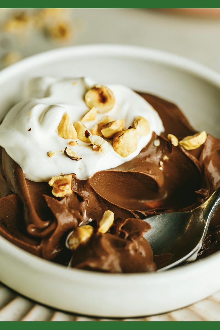 Making chocolate custard and a serving of custard in a bowl. 