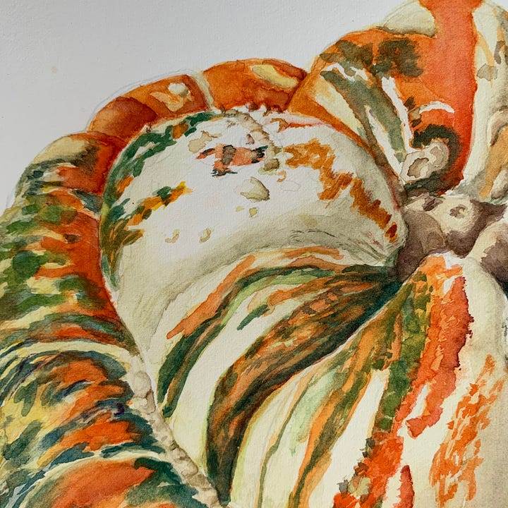 Watercolor textures in green, orange, and beige of a turban squash
