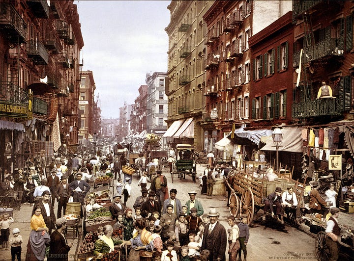 A photograph of Little Italy in New York City from 1900 and a low quality image of the same thing generated by Meta AI.