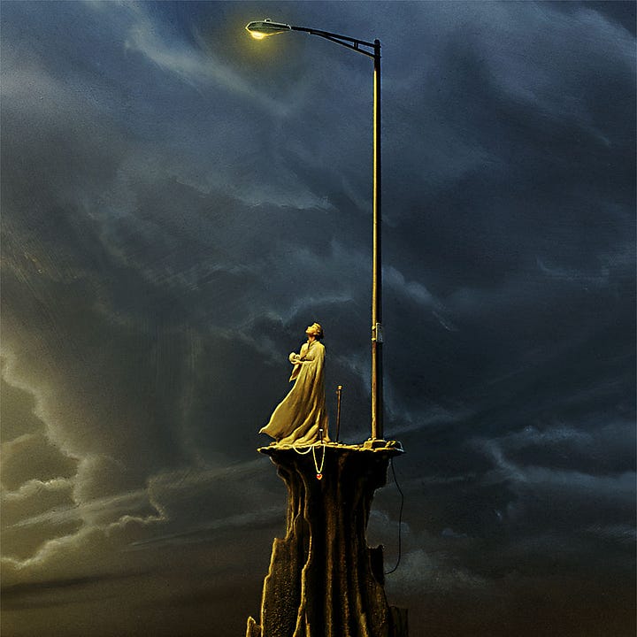 LEFT: Detail of solitary figure in white robes standing on a platform of eroding earth beneath a yellow streetlight. A violent storm front brews in the background, while there is no escape below as the earth has eroded to a peak of thin meandering ridges. RIGHT: Close detail of solitary figure in white robes standing under a yellow streetlight on a platform of eroding earth. She holds an ammonite fossil in one hand with the other pressed to her chest as she looks up. At her feet a chain dangles over the edge holding a small red glass heart. Beneath the base of the lamppost, a length of wire is exposed until is feeds back into the earth below.