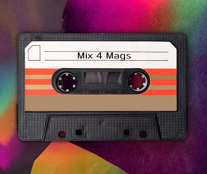 The gallery features two pictures with identical rainbow collage backgrounds. In the forefront is a black cassette tape. Each cassette tape features a label, one reads "Mix 4 Mags" and the other reads "Mix 4 Luc"