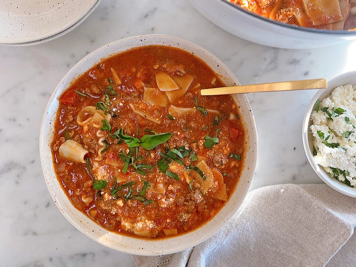 Lasagna Soup with dollop of dairy-free ricotta mixture 