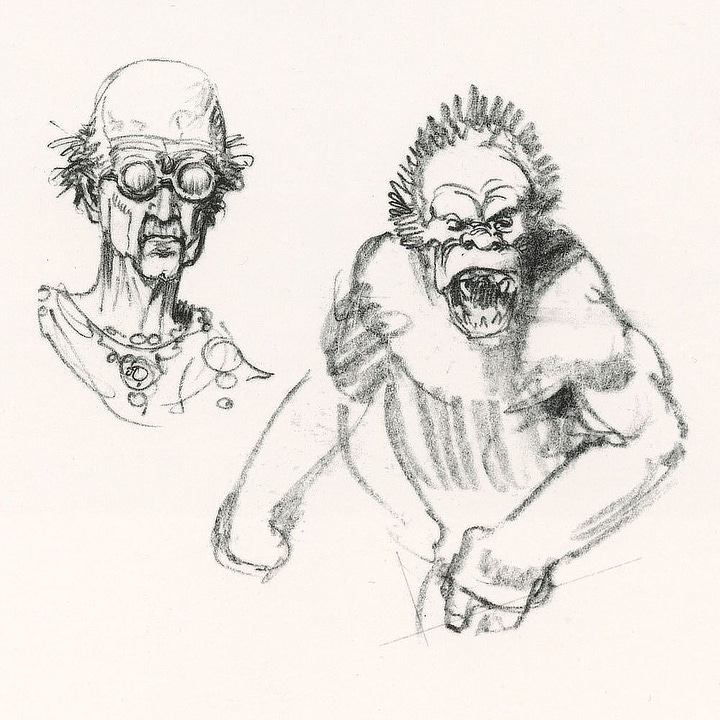 LEFT: Preliminary concept for THE MASTER MIND OF MARS featuring an old man standing over Valla Dia, who lays unconscious on an operating table. The man is thin and bald. Lending him the appearance of a mad scientist, he wears goggles and holds a hypodermic needle. Tubes connect Valla Dia to a machine and by extension an aging body on the adjacent table. Ulysses Paxton has just entered through a wide archway and is taken aback in surprise at the scene. RIGHT: Sketches for THE MASTER MIND OF MARS featuring an old man wearing goggles and an ape-like creature opening its mouth to expose jagged teeth.