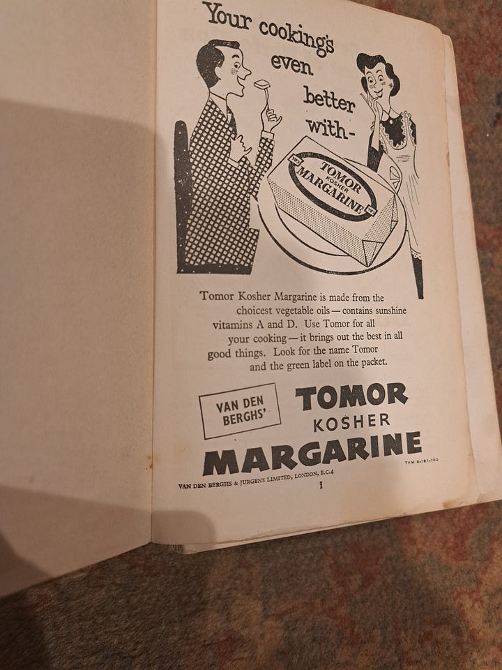 Florence Greenberg, Jewish Cookery Book cover and inside advert for kosher margarine