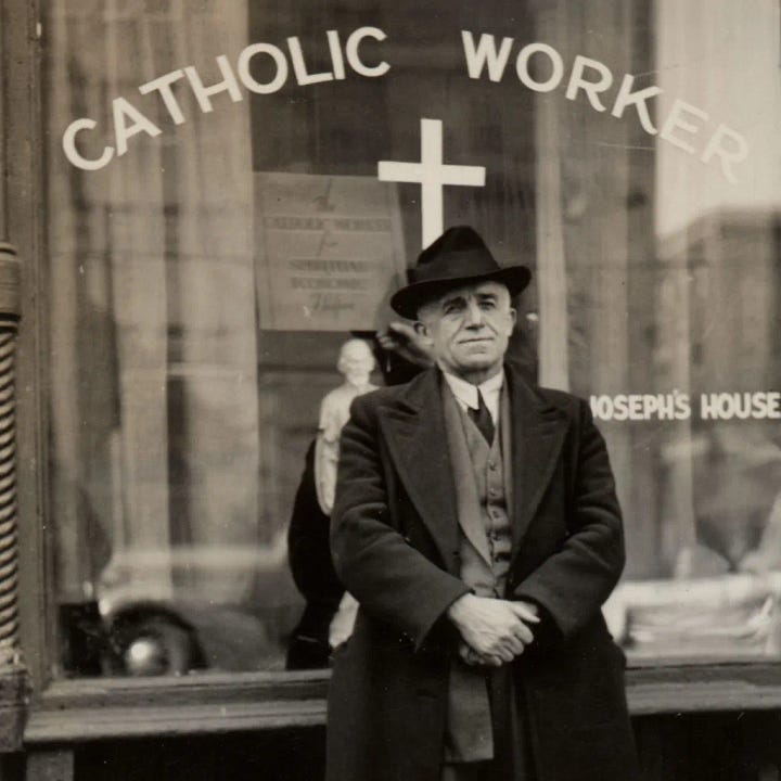 Left: Peter Maruin in front of the Catholic Worker House. Right: Dorothy Day sits before two gunmen. The Church is currently considering Day for sainthood.