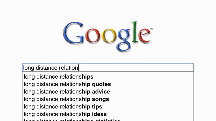 First Image: A screenshot of the Google search engine with the search query "long distance relation" typed in the search bar. The autocomplete suggestions include "long distance relationships," "long distance relationship quotes," "long distance relationship advice," "long distance relationship songs," "long distance relationship tips," "long distance relationship ideas," and "long distance relationship statistics." Second Image: A woman leaning out of a window in a picturesque European city. A translation search is shown on the screen, with the text "Translate tu es tres mignonne" typed in. The woman is holding a cup and smiling softly, with a charming street scene visible in the background.