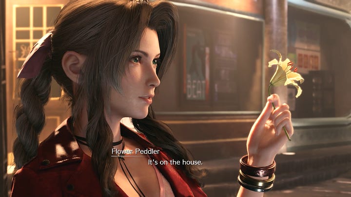 Aerith charges Cloud one gil for the flower in the original game while she proclaims that it's on the house in Remake.