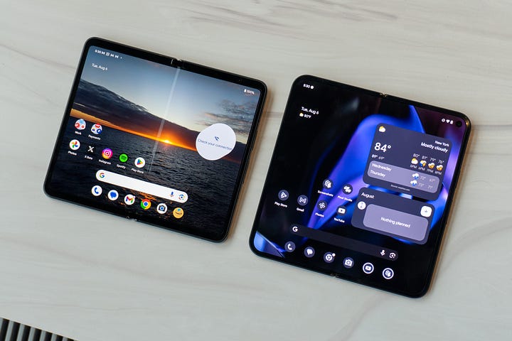 The Google Pixel Fold versus the Pixel 9 Pro Fold, captured by Max Buondonno for The Shortcut.