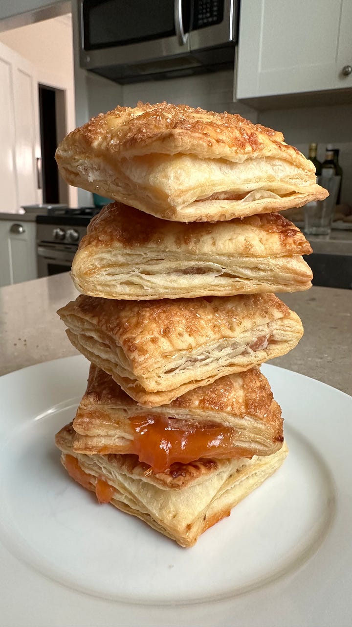 Photo of choux pastry with ice cream, grilled bread, gluten free hand pies, regular hand pies with golden plum filling.